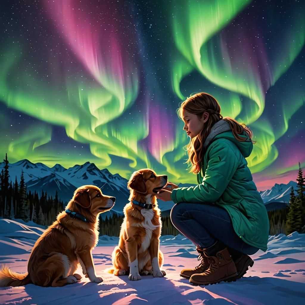 Stunning aurora borealis glowing in the sky with an adorable...