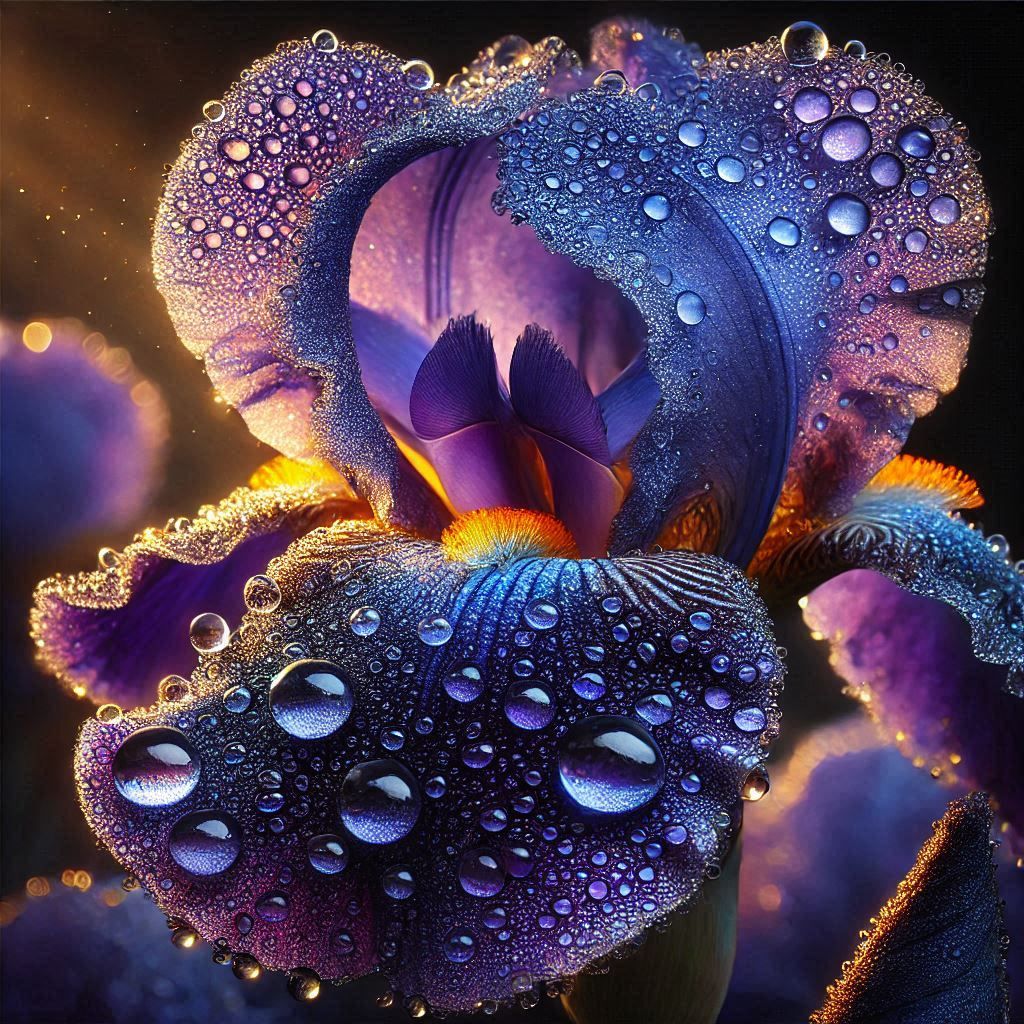 Purple Iris with sun and dew
