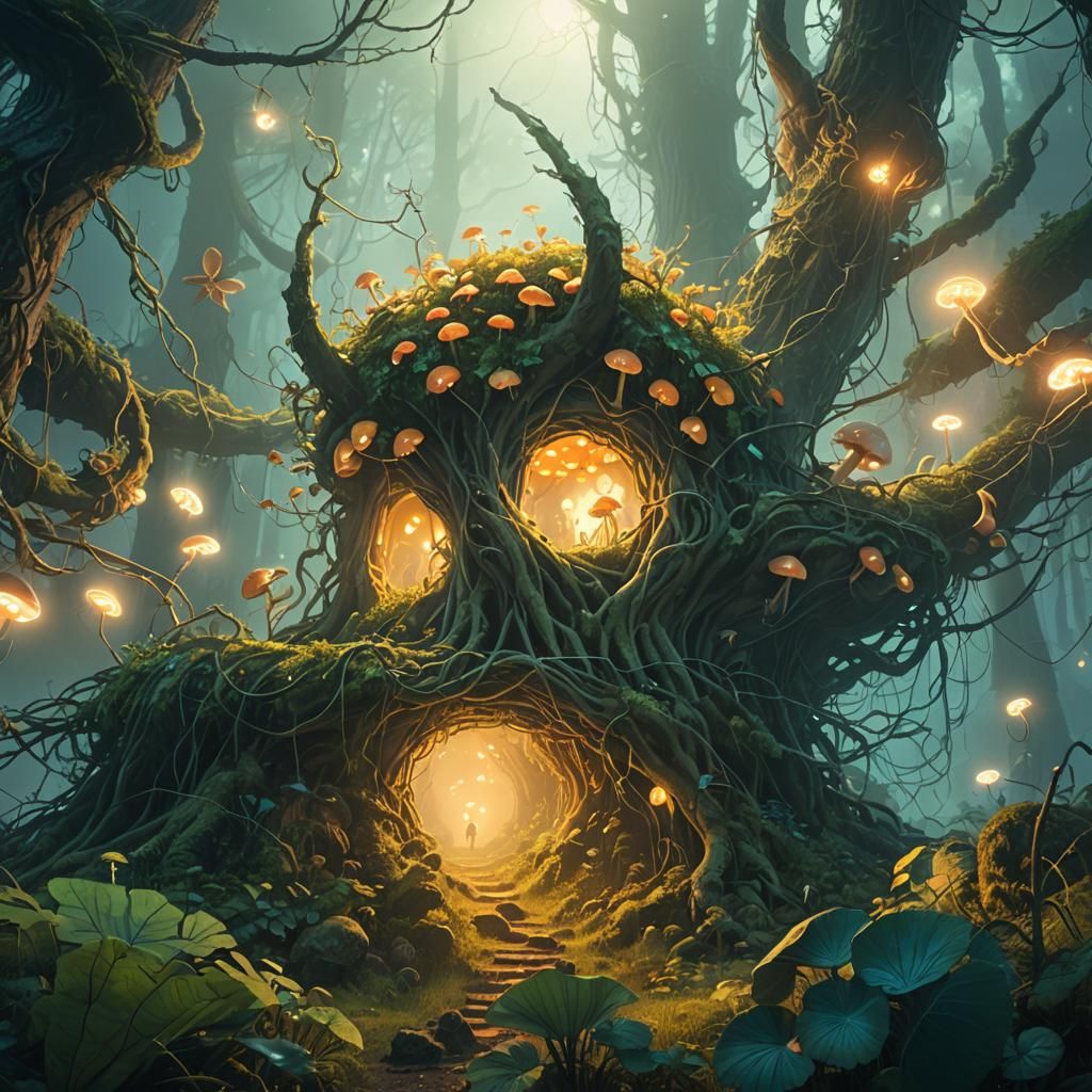Mystical Forest with Glowing Mushrooms, Fantasy Concept Art
