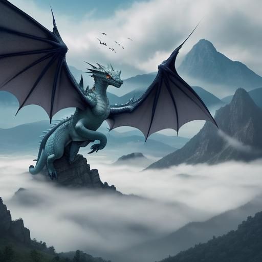Beautiful misty mountain a dragon purched on top
