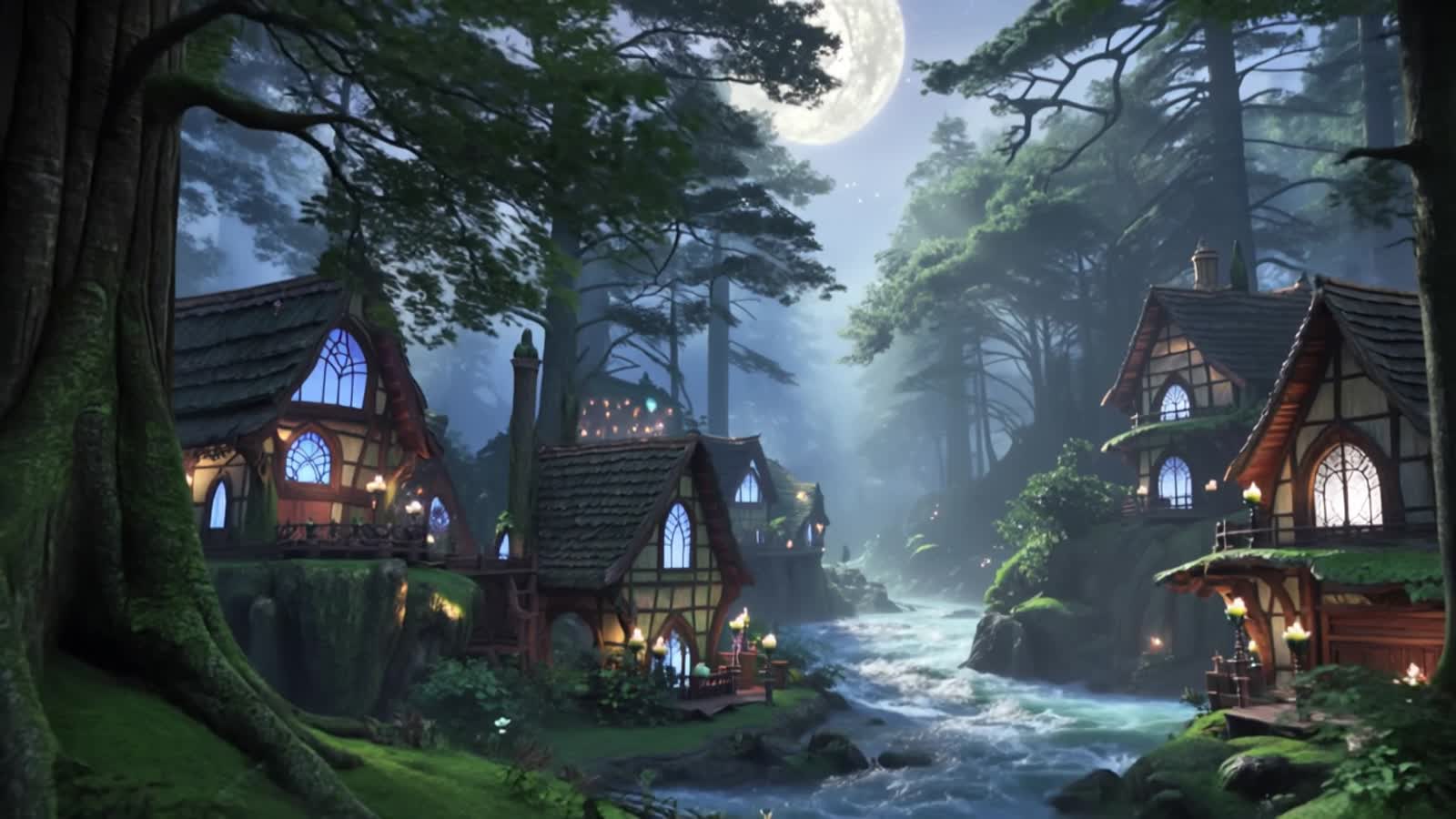 Magical fantasy realm of the elves deep within the forest illuminated by the moonlight homes high in the trees above the...