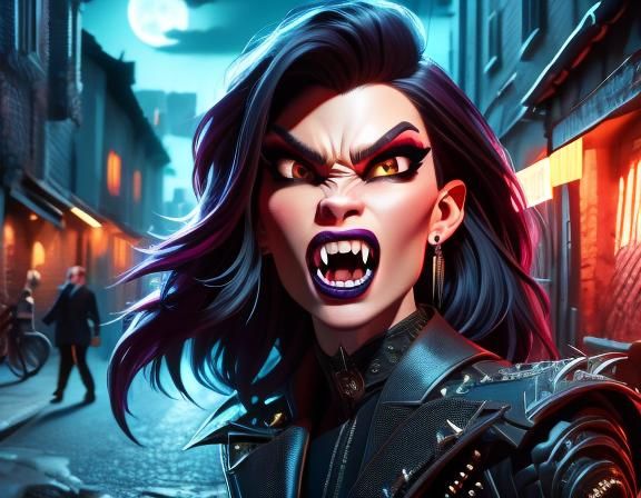 <lora:VampireFangs SD:1.0> close up portrait of a fierce female modern-day vampire with long_fangs  in a back Alley under the moonlight, (Pe...