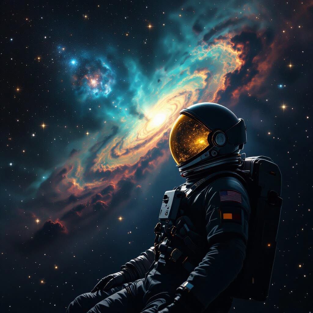 A lone astronaut adrift in the vast expanse of space, gazing at a swirling nebula of vibrant cosmic dust ...  by @Andzon