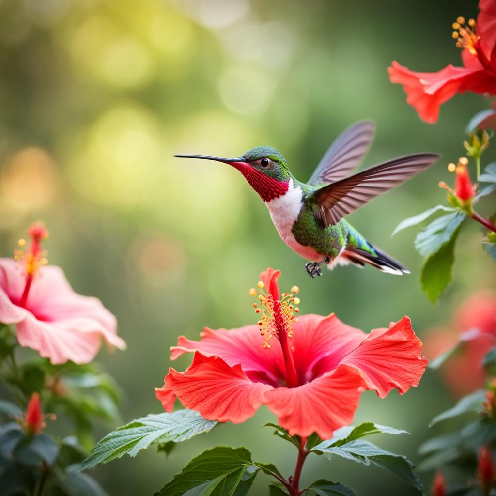 Hummingbird sorrounded by hibiscus   by @Inco7