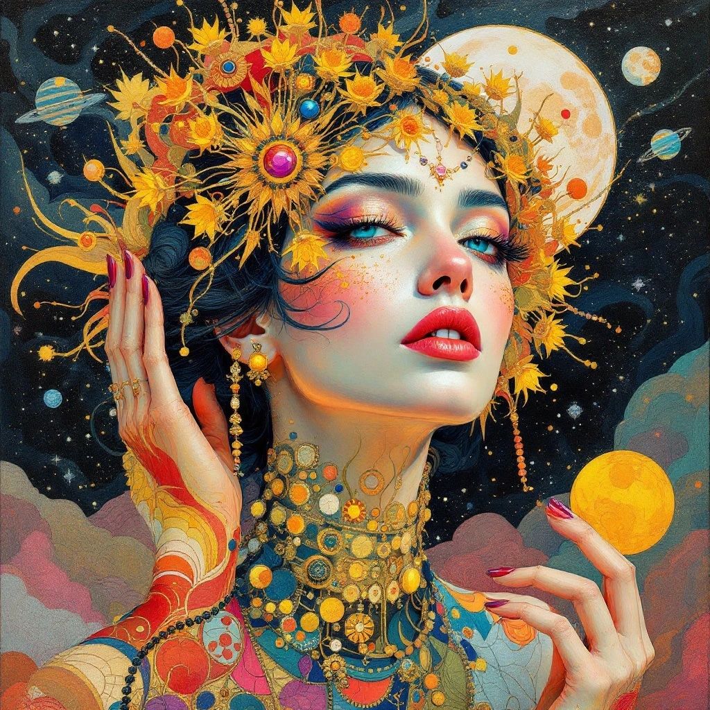 Solarpunk, gouache, portrait of a beautiful woman