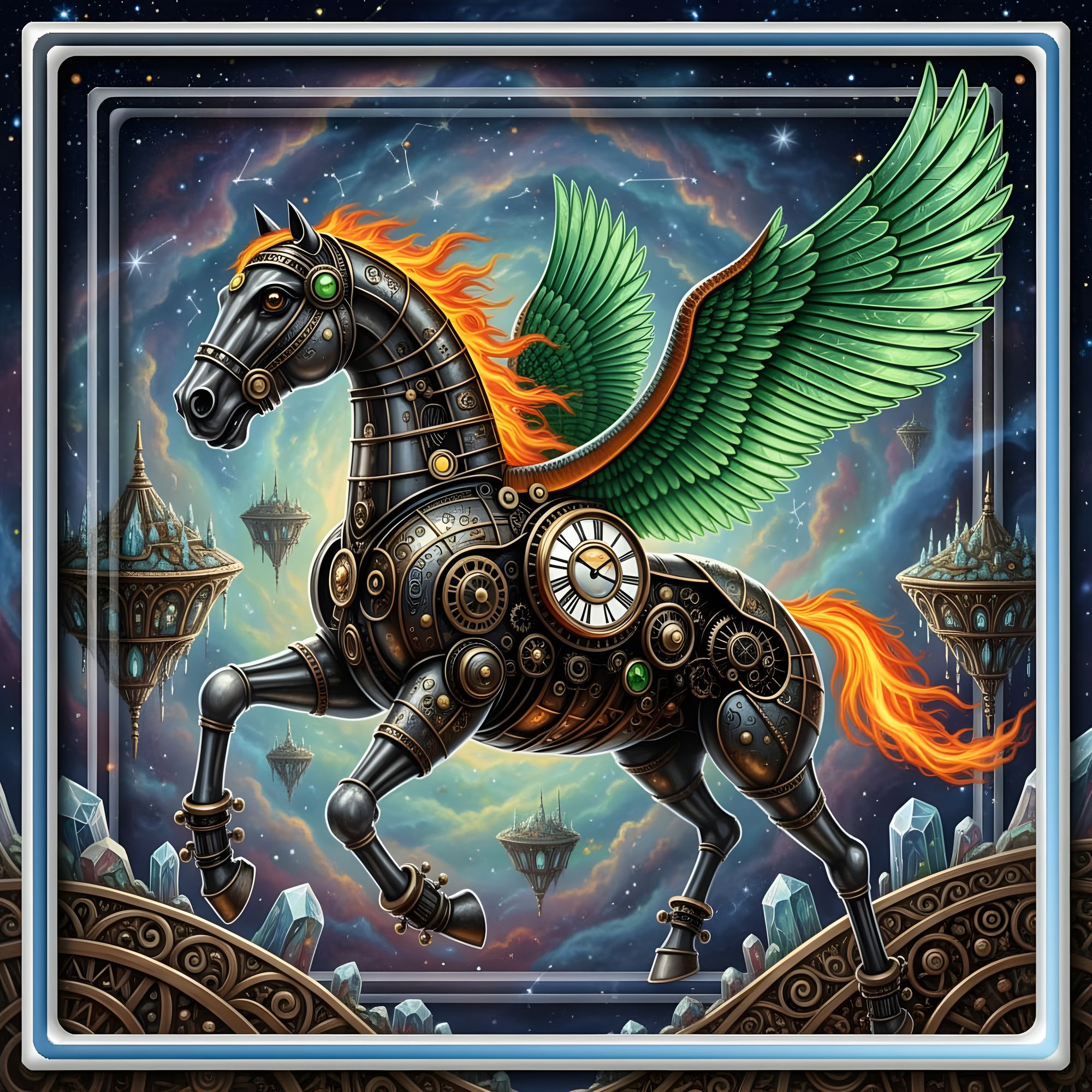 A majestic clockwork horse (((With Wings that the Feathers  are Made Of Green Glass))),(((The  Head Main Hairs and Tail are made of Gas Flam...