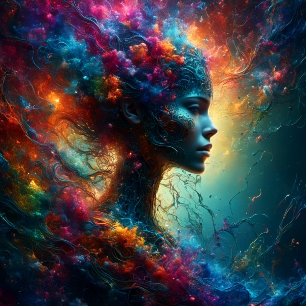 Distressed Woman Portrait in Cosmic Style