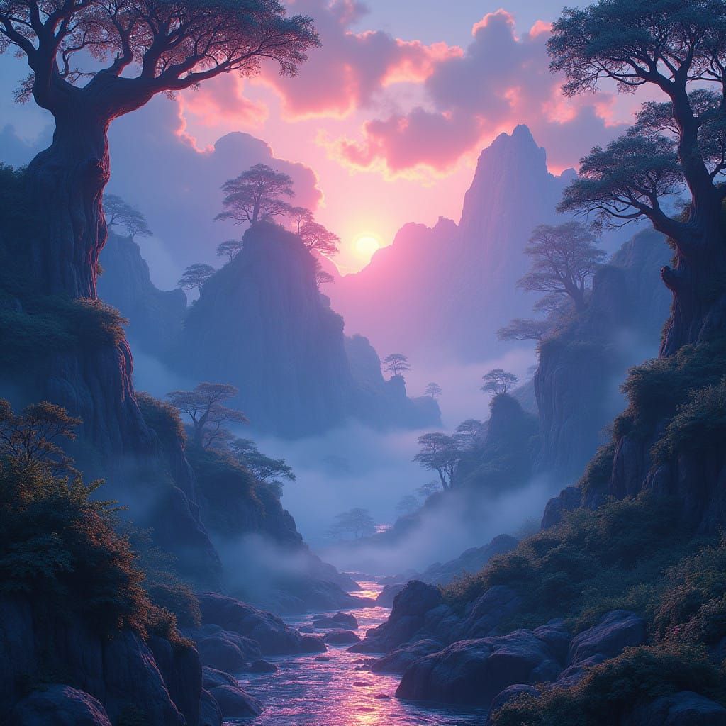 Ethereal Mountains at Twilight in Vibrant, Iridescent Hues