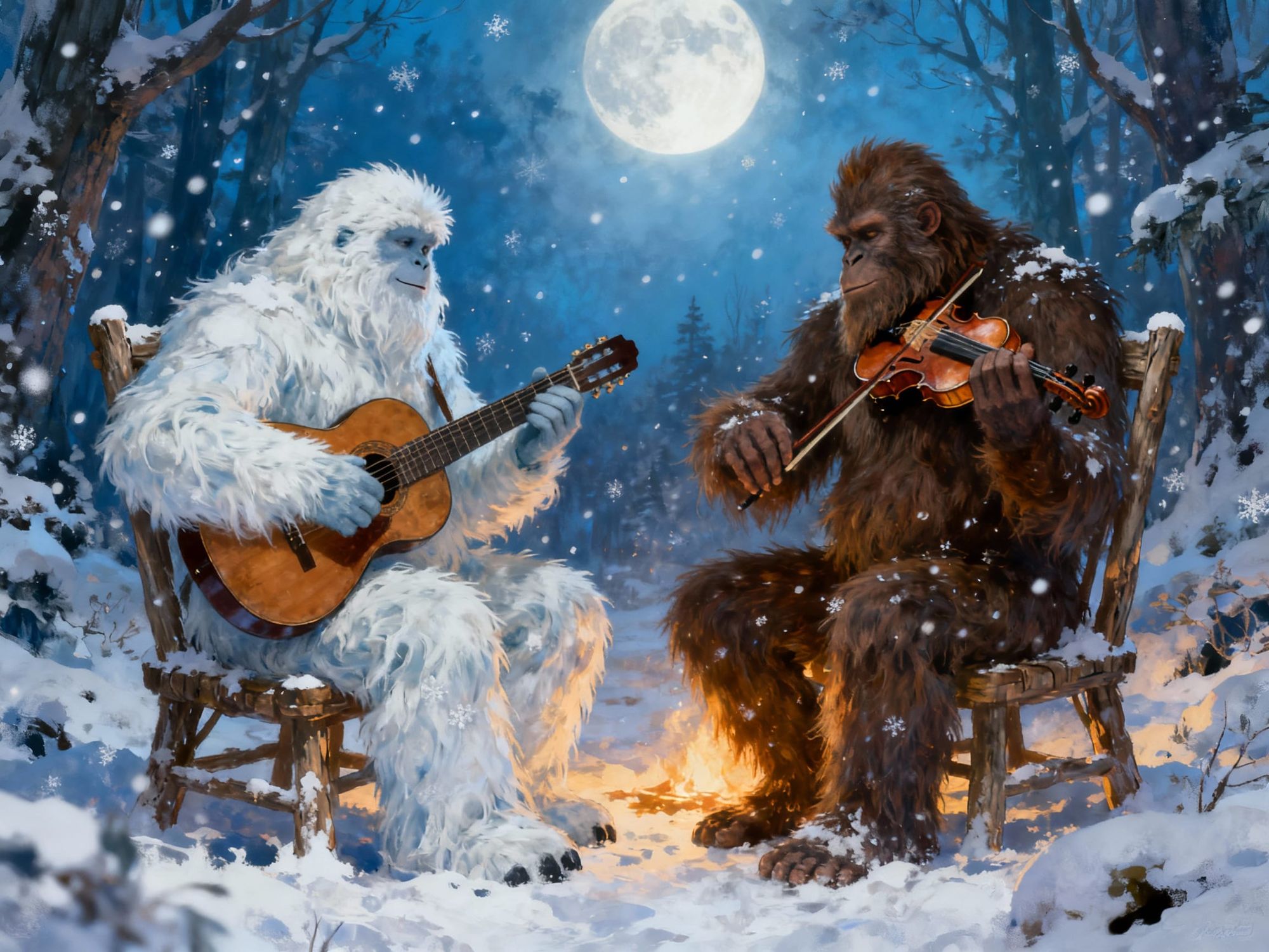  The abominable snowman and bigfoot in the snow sitting on chairs across from each other in a jam session with a guitar and a violin.
