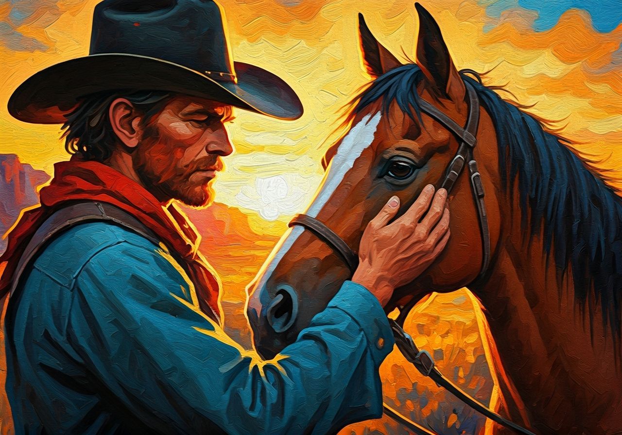 Impasto expressionism, oil painting, palette knife artwork. side view, face close-up, a kind cowboy kissing a horse at its forehead, western...