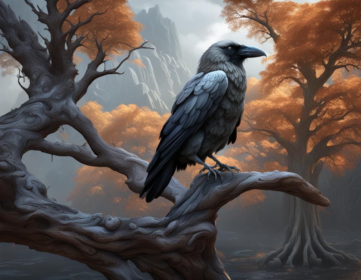 Silver colored Raven perched on a weathered tree limb - AI Generated ...