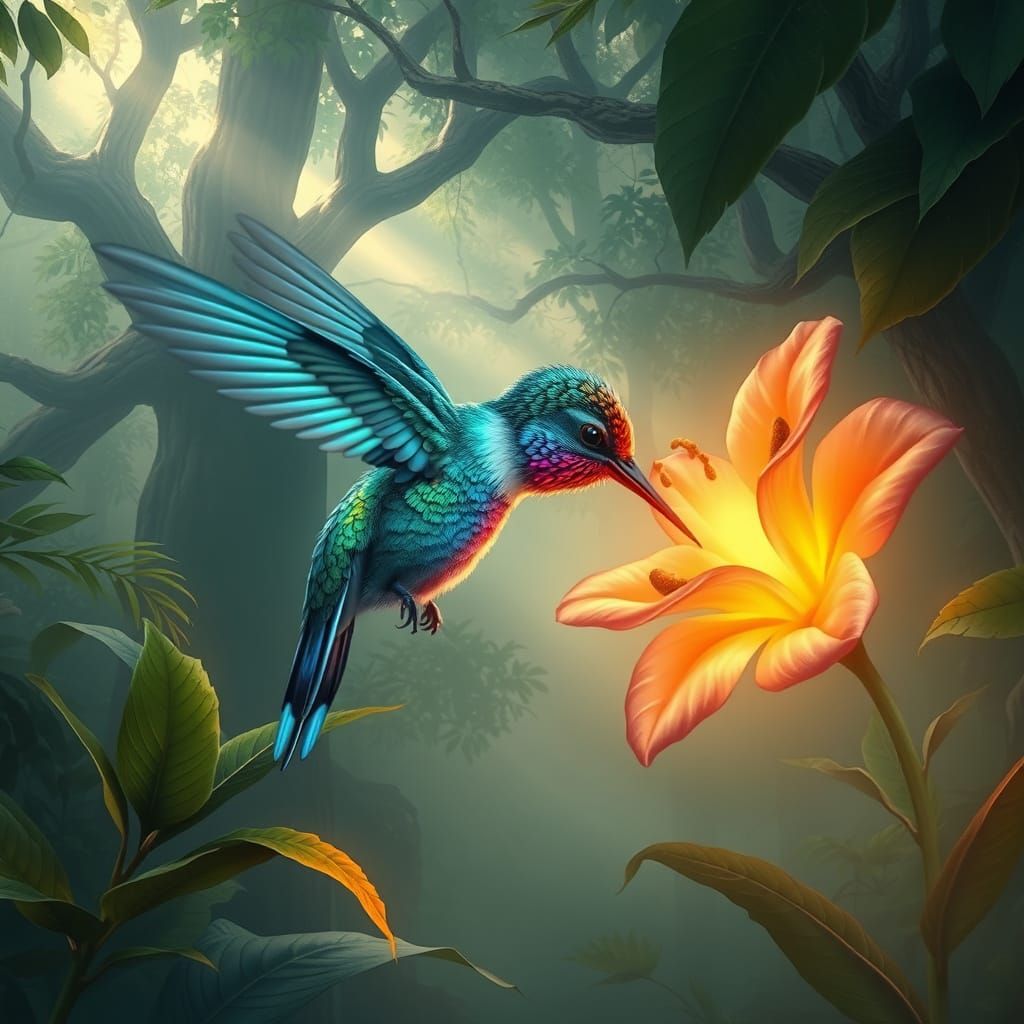 A bioluminescent hummingbird with iridescent feathers sips nectar from a glowing flower in a hidden jungle clearing, with mist swirling arou...