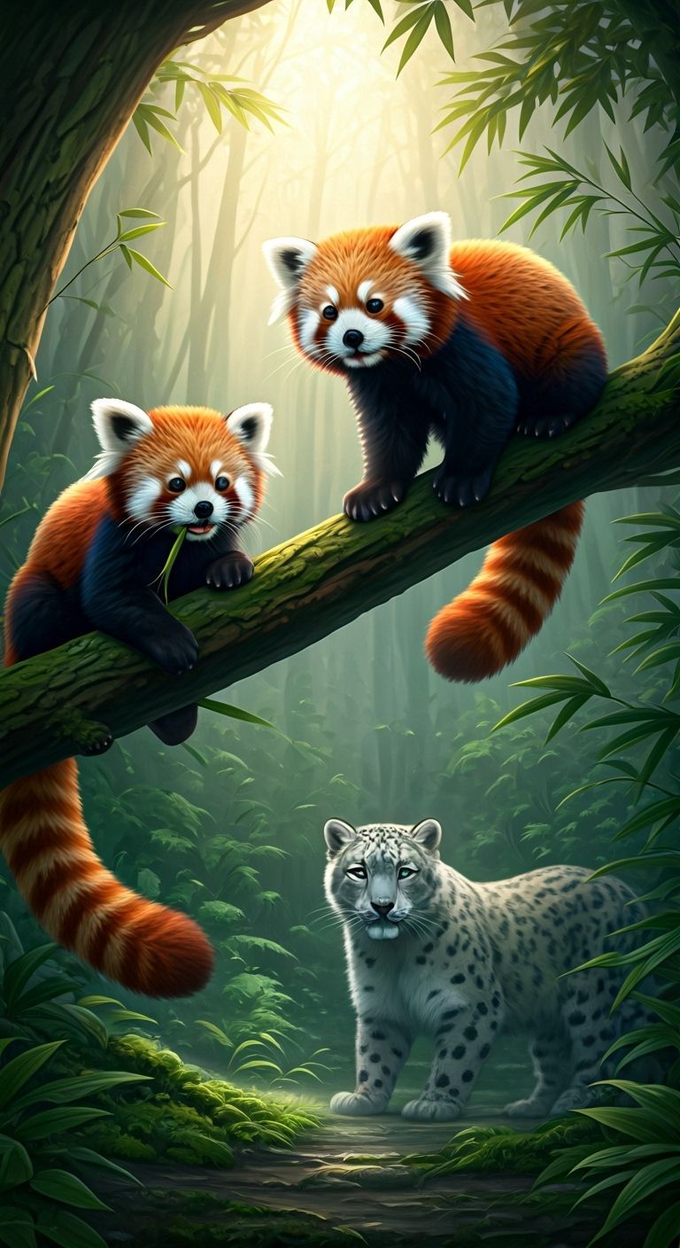 two photorealistic red pandas in a lush, misty forest. One red panda munches contentedly on bamboo, its fluffy tail curle...