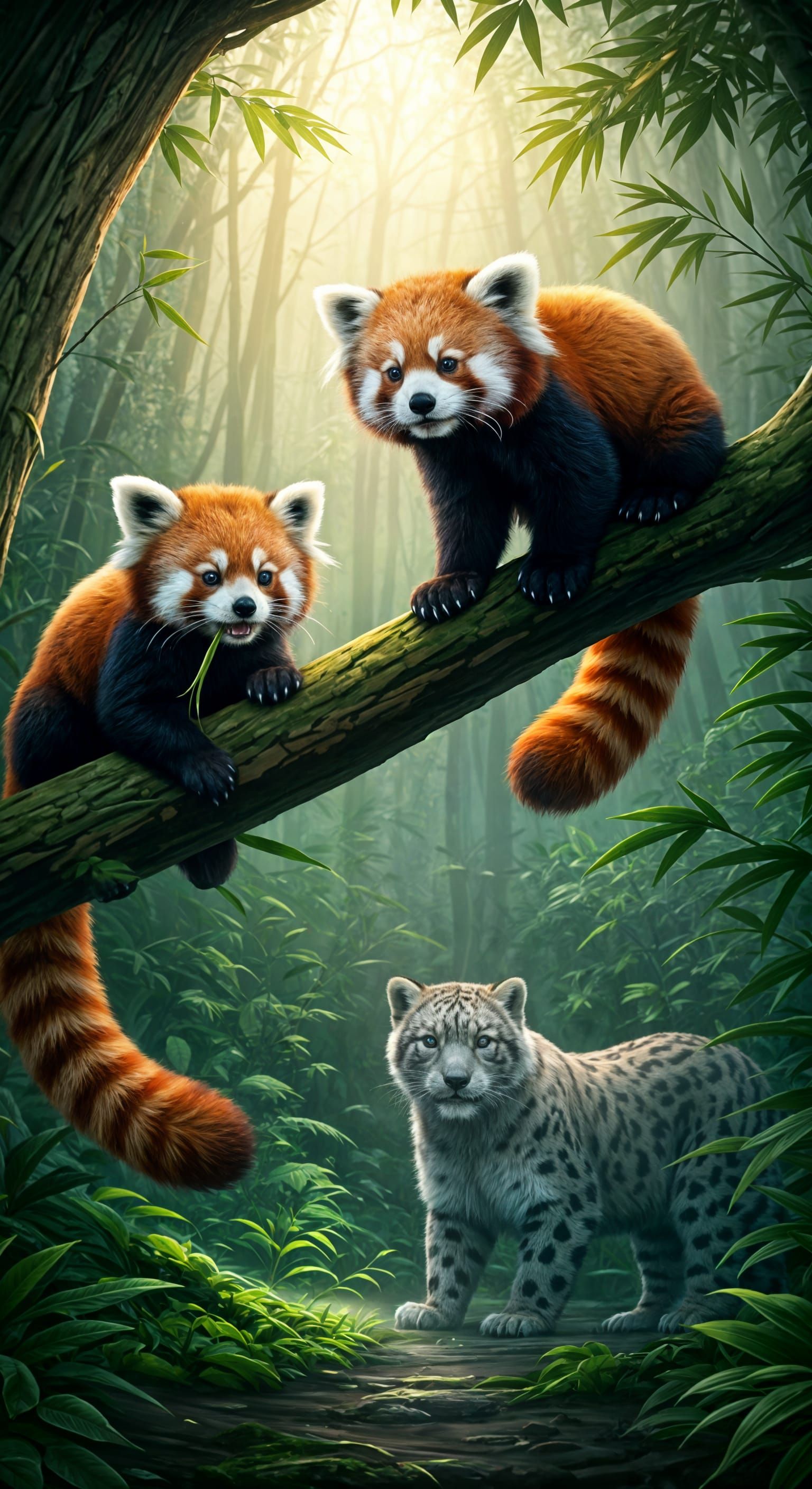  two photorealistic red pandas in a lush, misty forest. One red panda munches contentedly ...  by @Showy