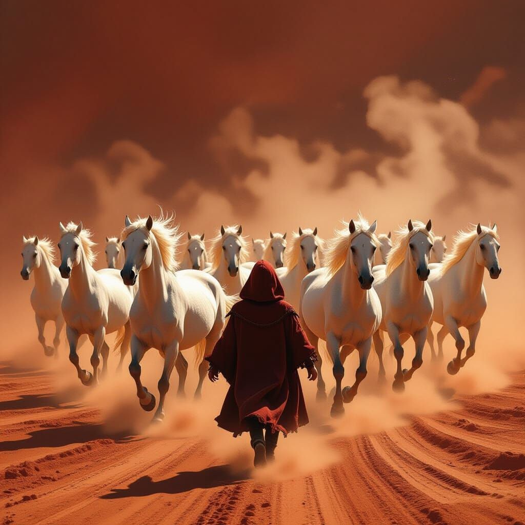 White Horses Gallop in Dust Cloud, Medieval Fantasy Style