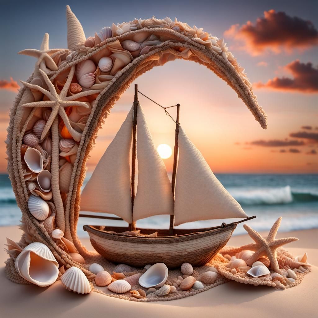 a sunset beach scene with a sailing boat   by @Vix