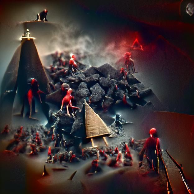 Tiny red people climbing a black pyramid surrounded by death...