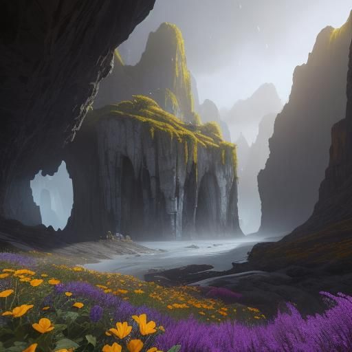 Majestic Cave Entrance to Blooming Landscape
