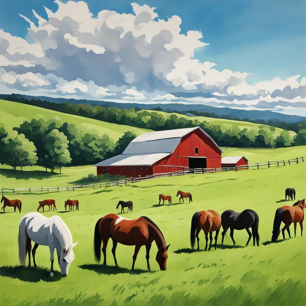 "View from the horse stables as horses graze in the open fie...