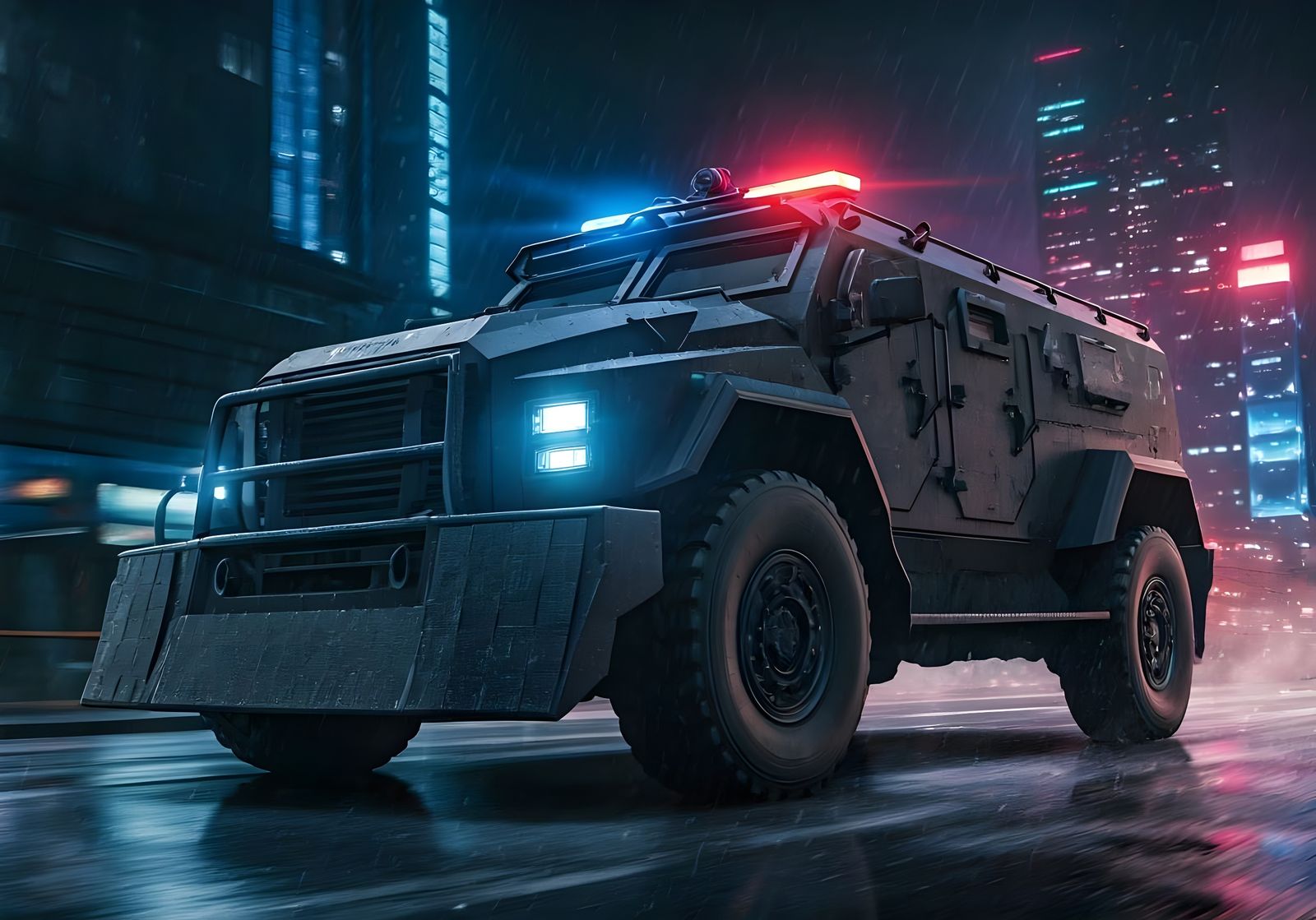 Cyberpunk SWAT Truck Dives Through Neon Night