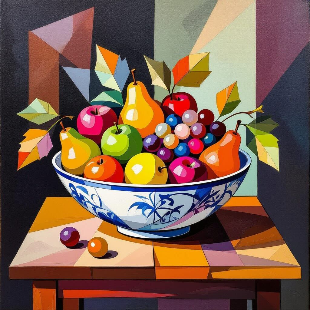 Bowl of fruits. Quince   pears, apple, grapes  on a table  cubism  by @MIKA