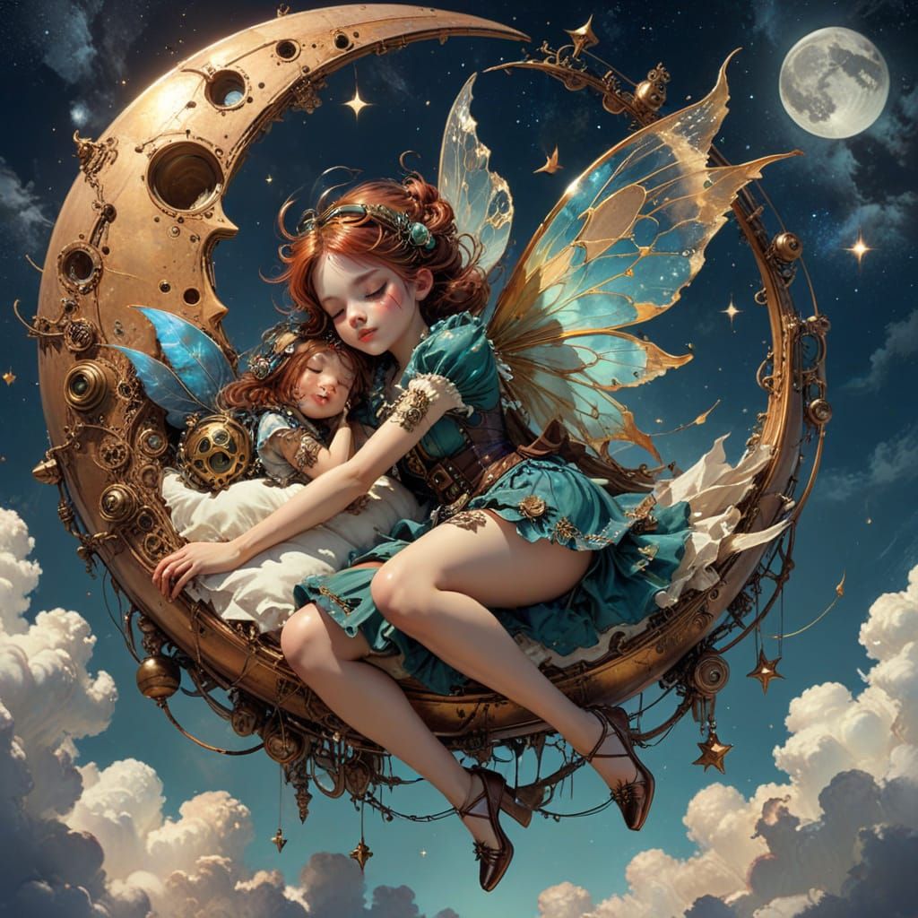 a pretty steampunk fairy sleeping on the moon, in the sky :: digital art anime in Midjourney style by Gil Elvgren, Alex Ross and and CGSocie...