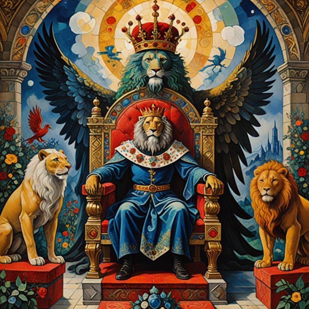 King Solomon Sitting on a Throne with Lions and an Eagle
