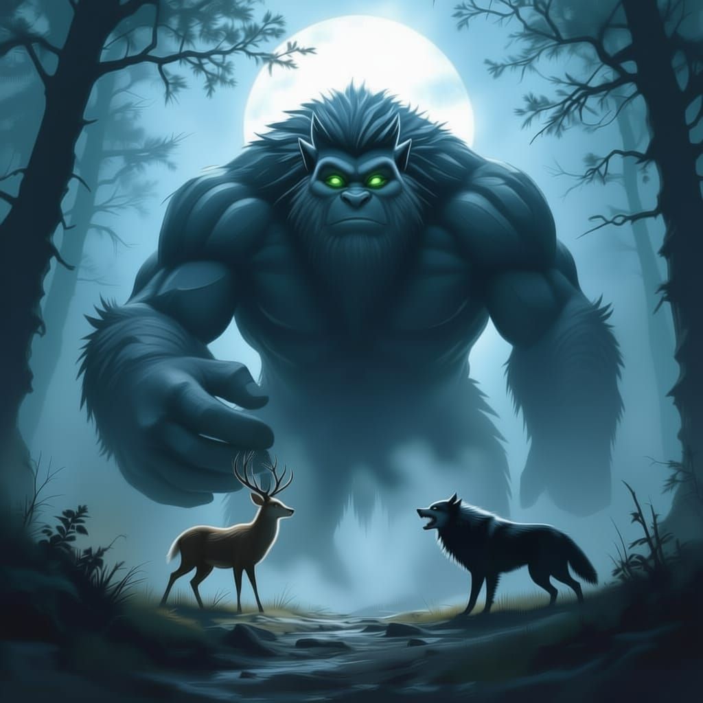 A stone giant, saving a deer from a wolf.