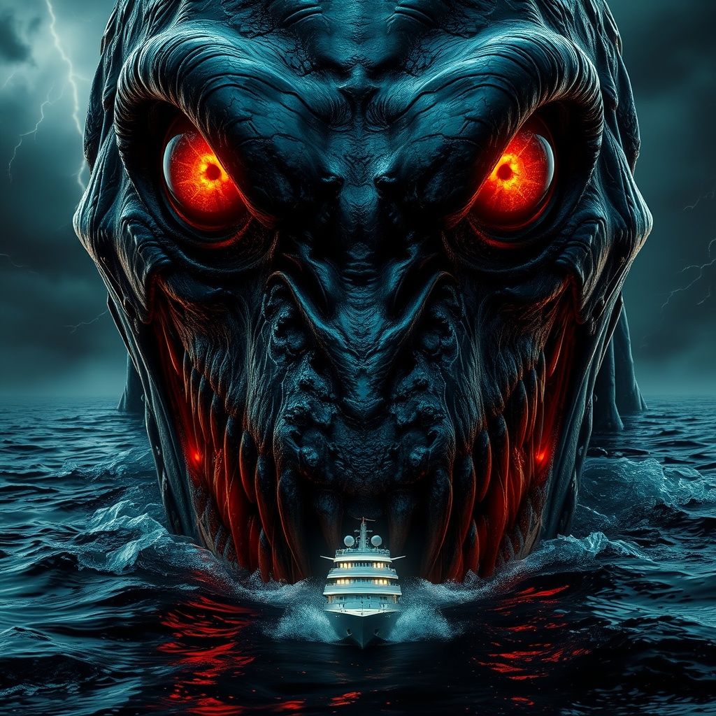 Terrifying macabre thalassophobia horror art image of an evil gargantuan eldritch horror lovercraftian abomination tower...