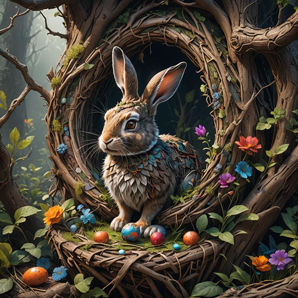 A rabbit draws on a drawing nest