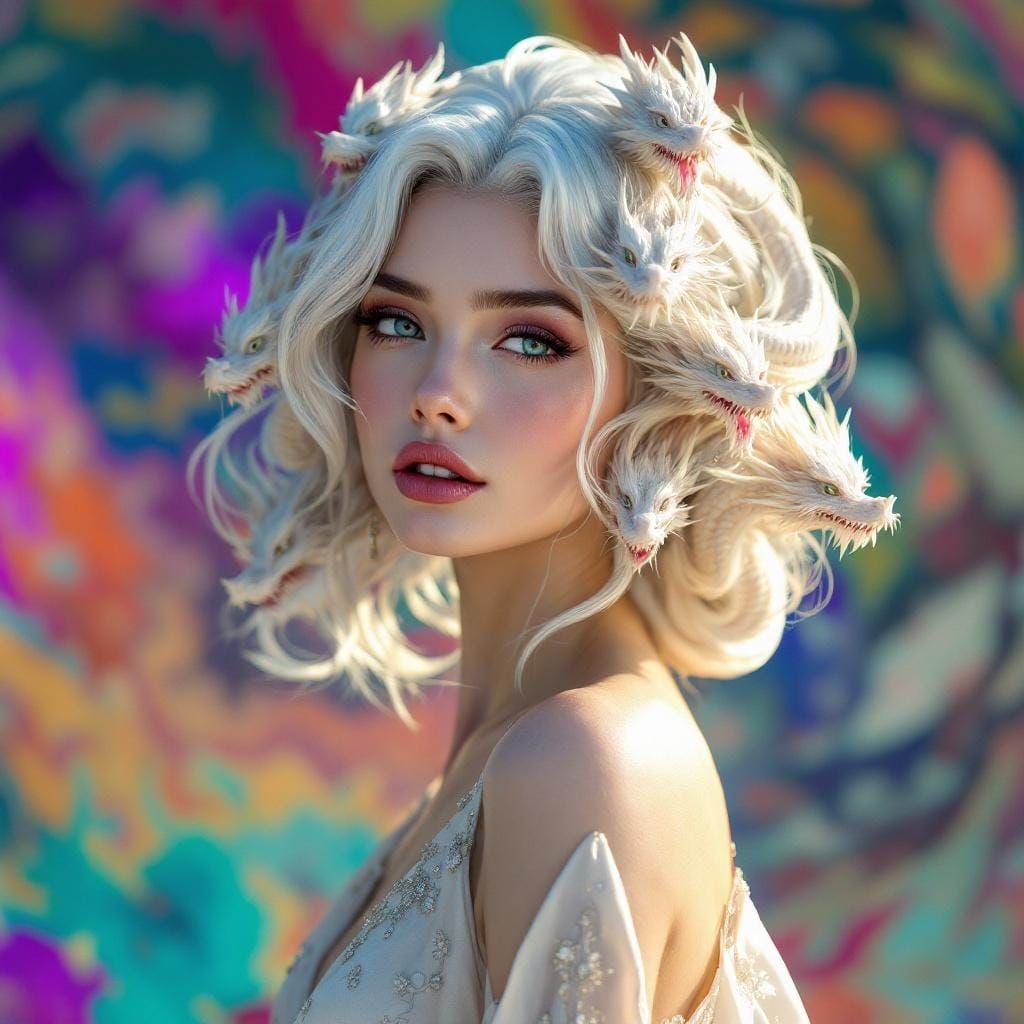 Hyperrealistic photo worthy portrait of a beautiful woman with silver white hair, her hair is shaped ...  by @HermioneSheHulkNinja