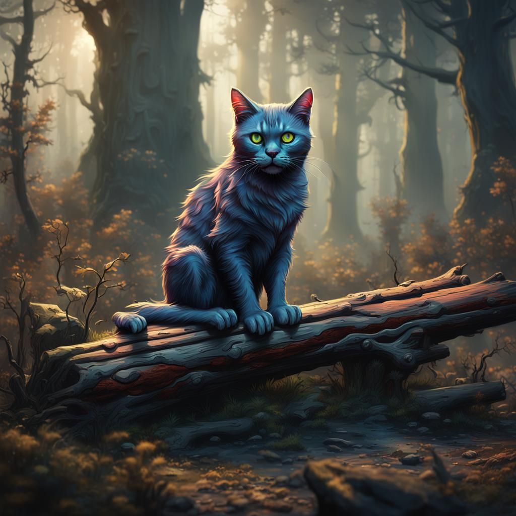 zombie cat sitting on log in woods