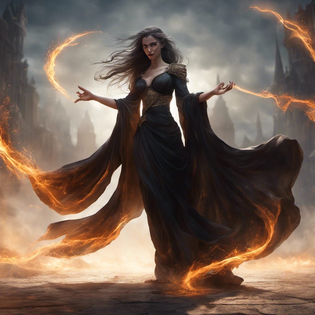 Sorceress in a long black flowing dress mk2