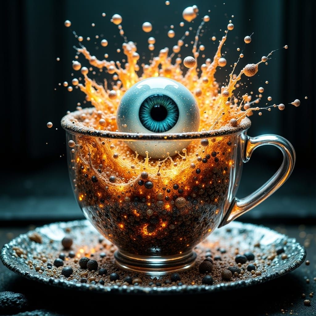 <lora:Abstract Reality:1.0> A glass teacup with a luminous h...