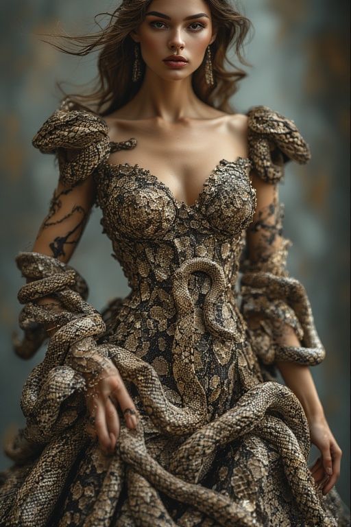 woman in dress made of snakes