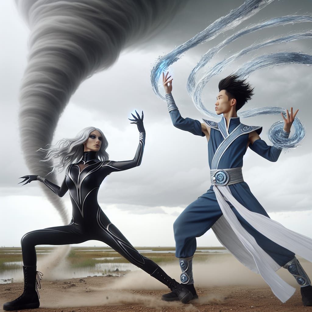 An air bender controlling a tornado as she fights a water bender.