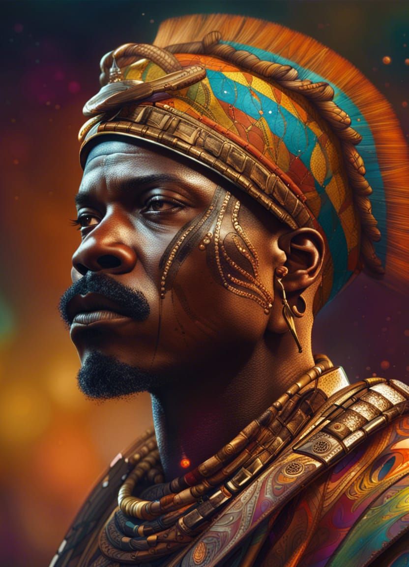 African Warrior King Portrait in Hyperrealistic Style