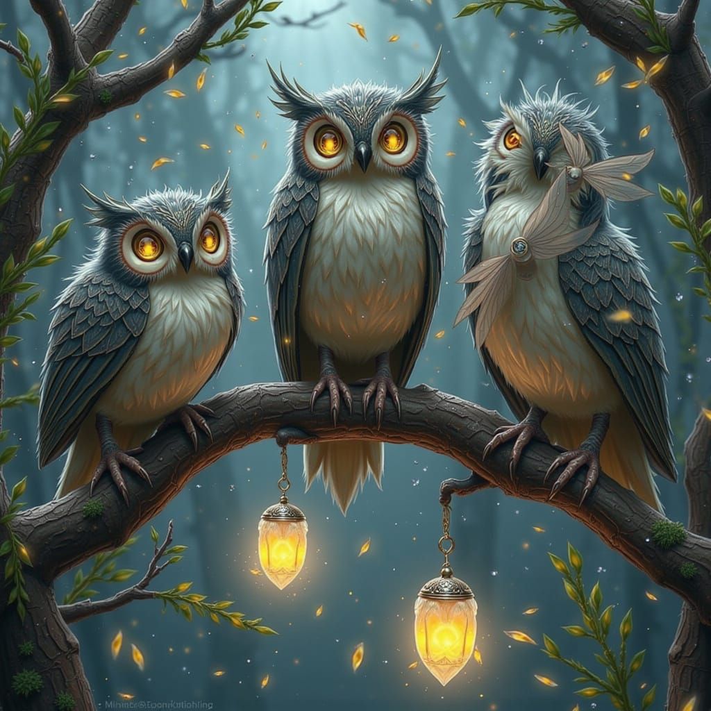 <lora:FanTastical Fae:1.0> A trio of owls with glowing eyes perch solemnly on twisted branches, each cradling a delicate floating lantern t...