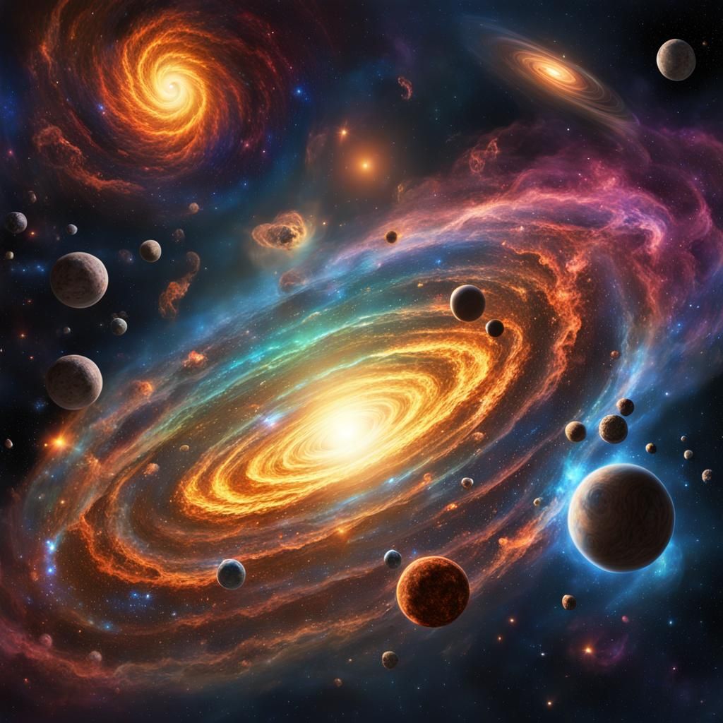 (galactic spiral nebula with meteorites and planets, flashes...