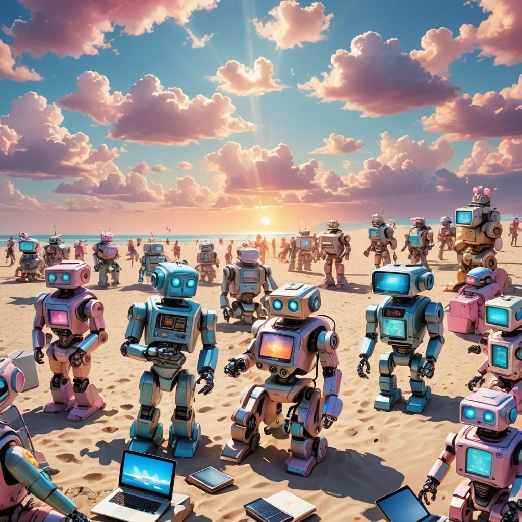 robots having a nft class at the beach
