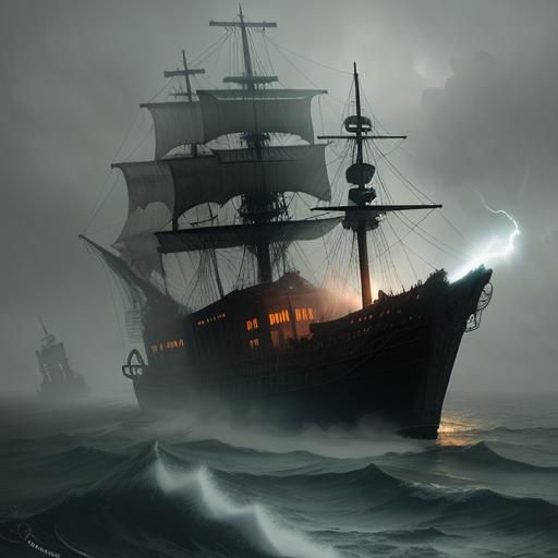 Ghost ship on a mist covered sea in a lightening storm