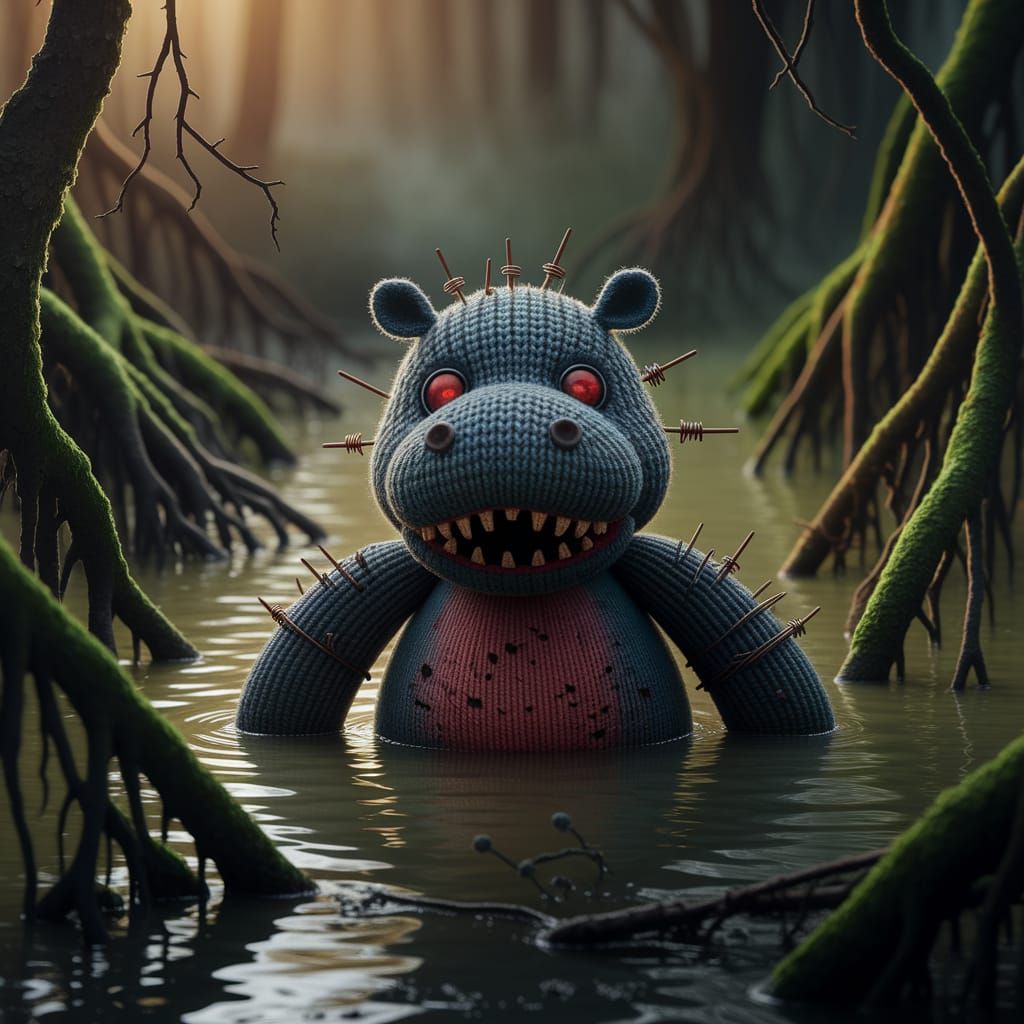 A horrifying knitted toy hippopotamus rises from a filthy swamp. Its soaked yarn body is torn open in places, with sharp rusty nails jutting...