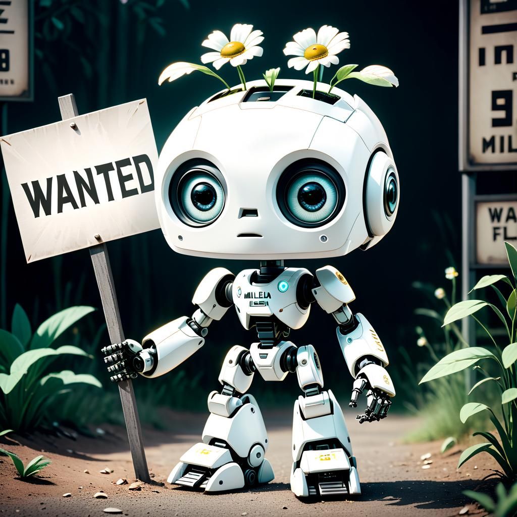 A white flower robot with big cute chibi eyes holds a Wanted