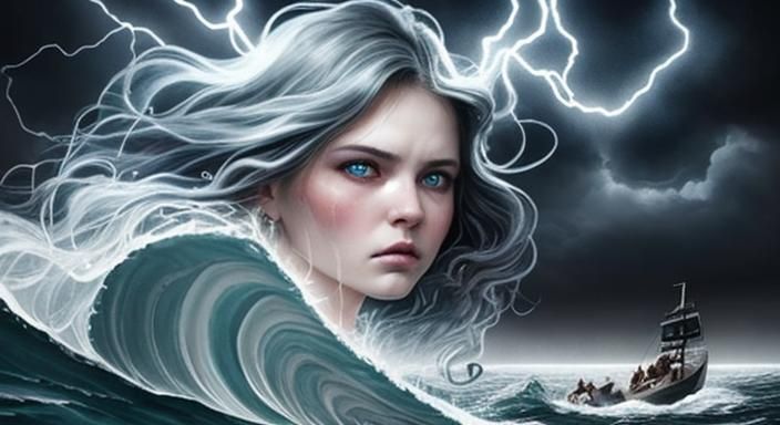 a beautiful ethereal angry goddess face in the clouds in the...