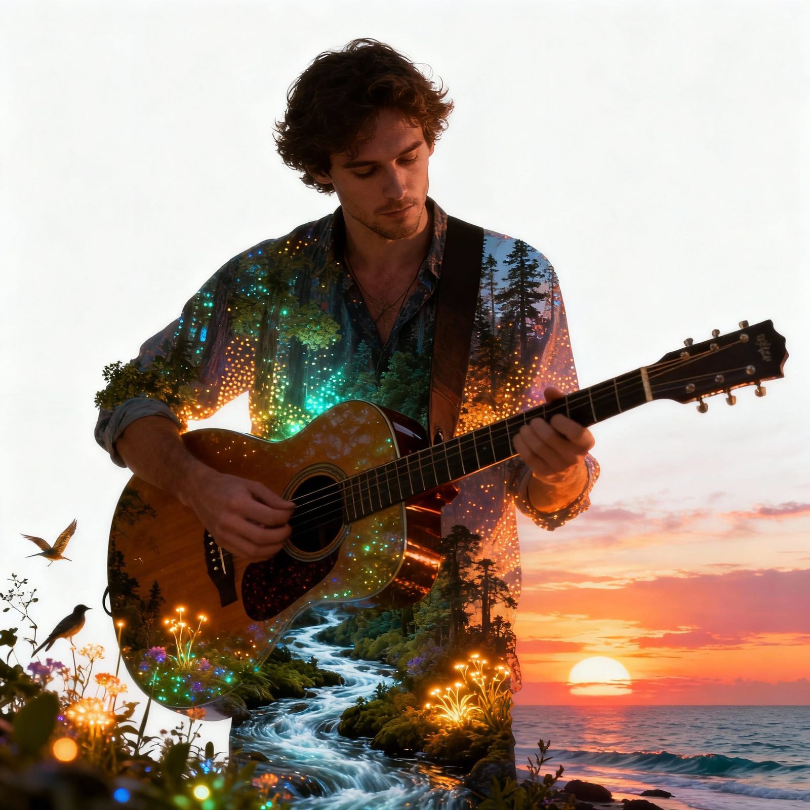 Bioluminescent Double Exposure: Man Playing Guitar with Natu...