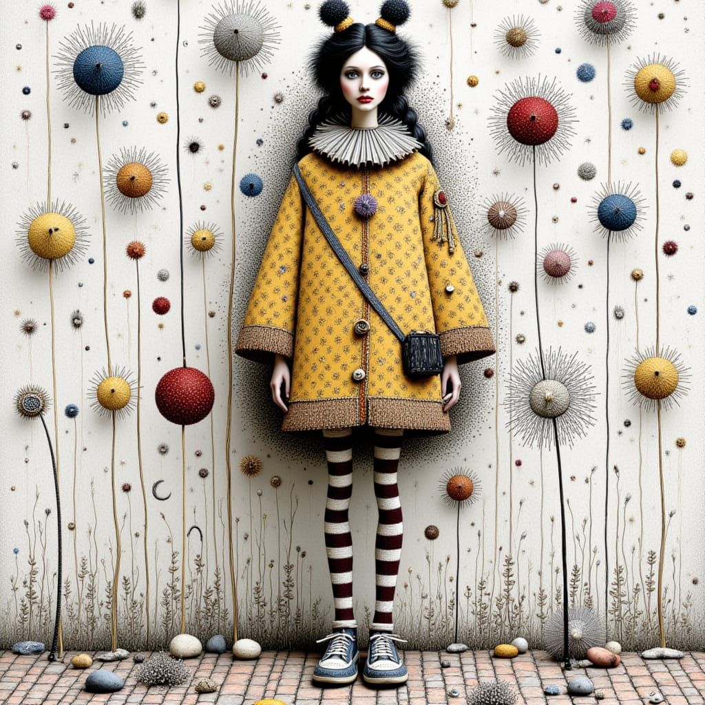 <lora:DOTSPEN:1.0> pointillism, hand-drawn illustration,  Pierrot Triste mime