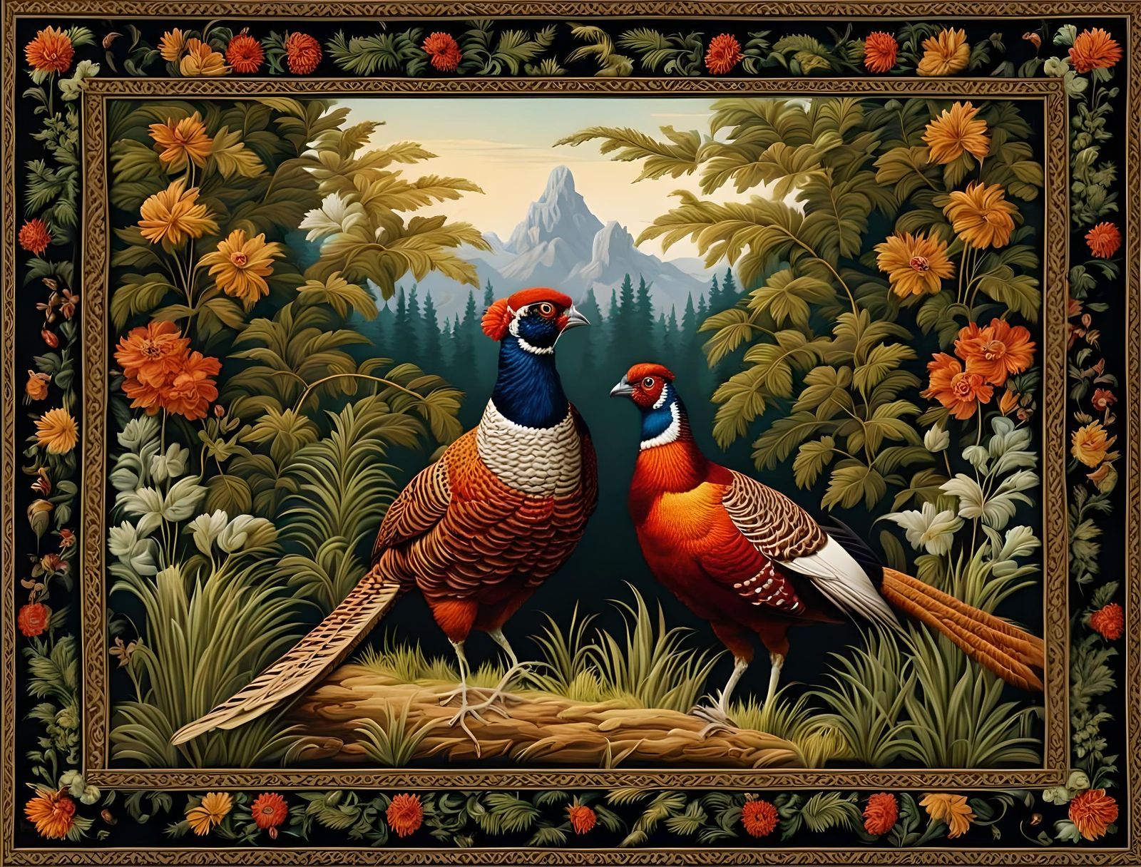 Pheasants in forest. Tapestry wall rug.  by @Evipls