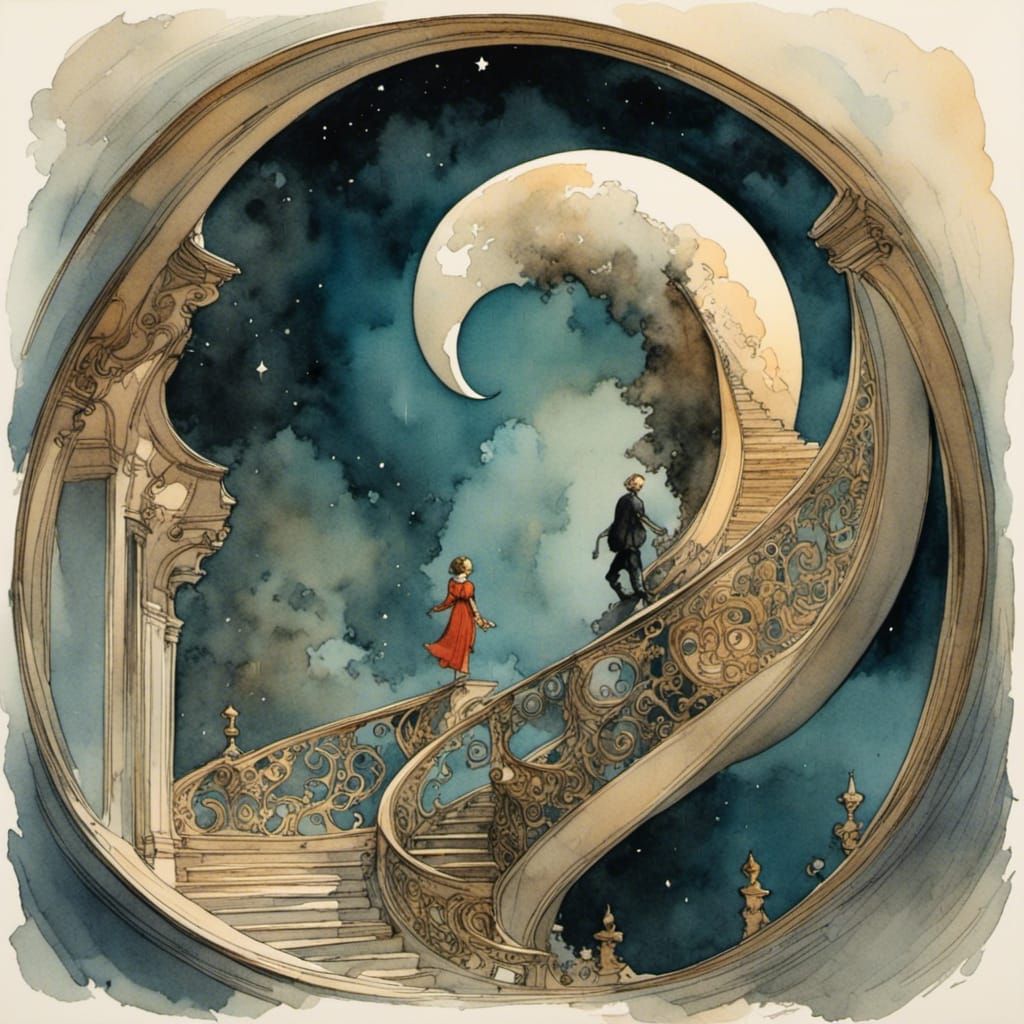 A man climbs a staircase that goes up to the crescent moon