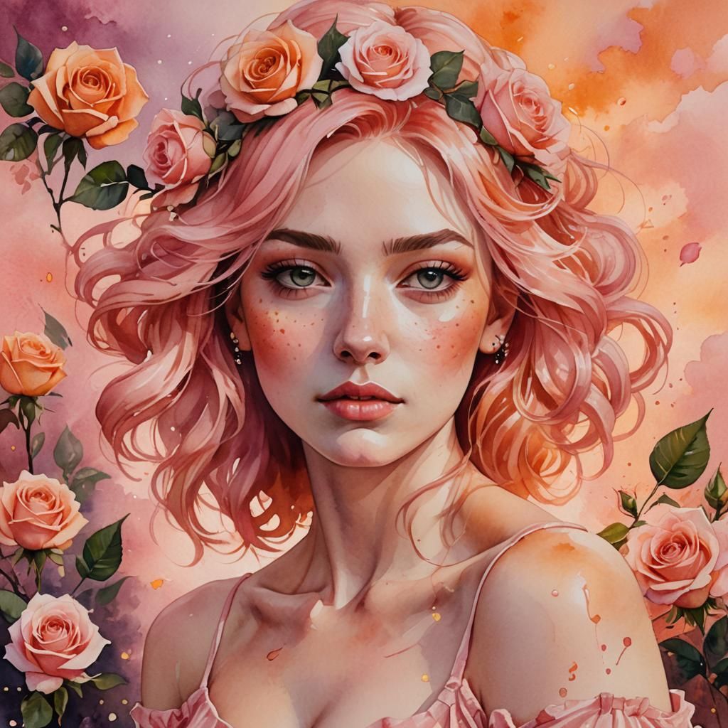 Ethereal Pink-Haired Girl in Watercolor Portrait