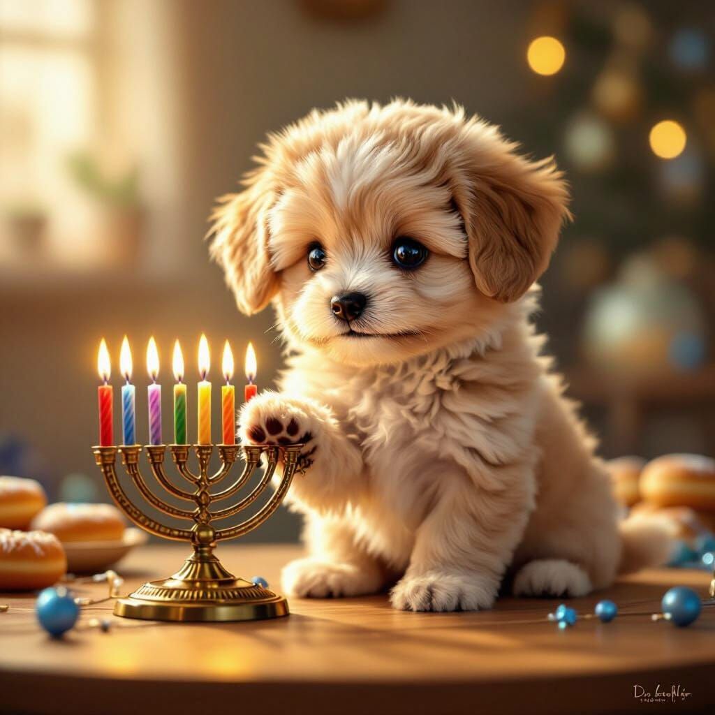 Cute Puppy Admires Hanukkah Candles in Cozy Home